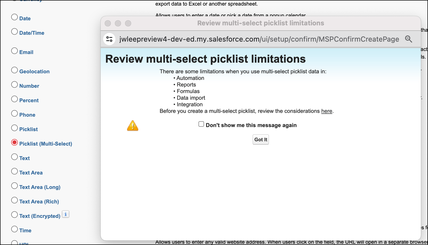 Notification received when creating a multi-select picklist field.