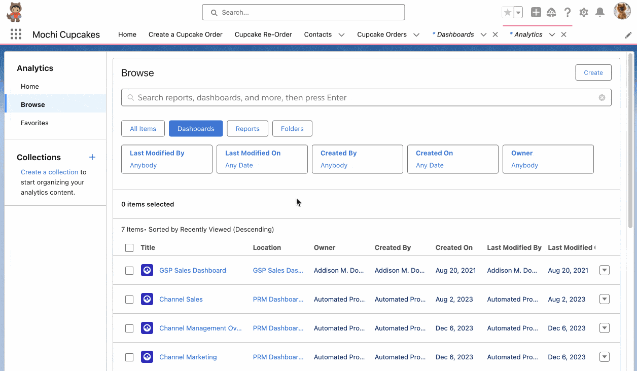 Transfer ownership of Lightning dashboards to another user.