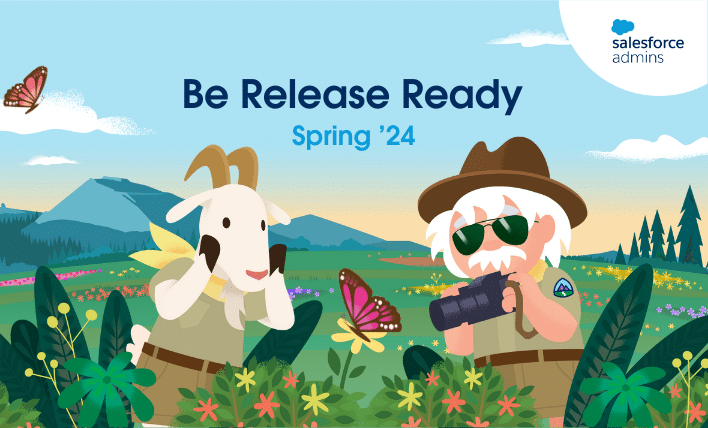 Be release ready Spring '24 image featuring Cloudy and Einstein looking at butterflies in a meadow