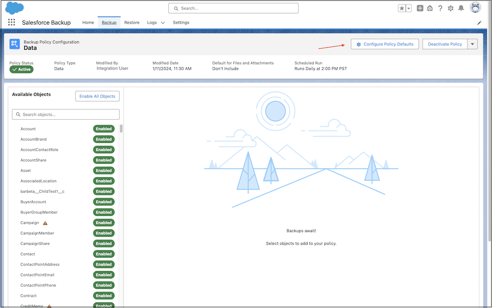 Backup Policy Configuration page featuring new policy defaults option.