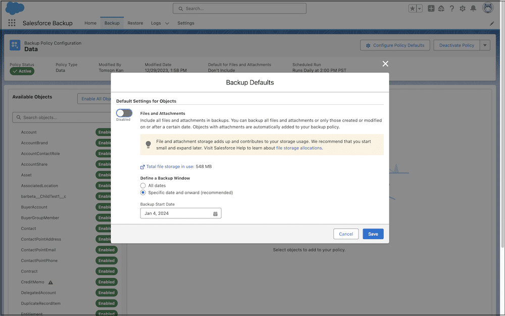 Backup Policy Default Settings featuring the ability to add files and attachments.