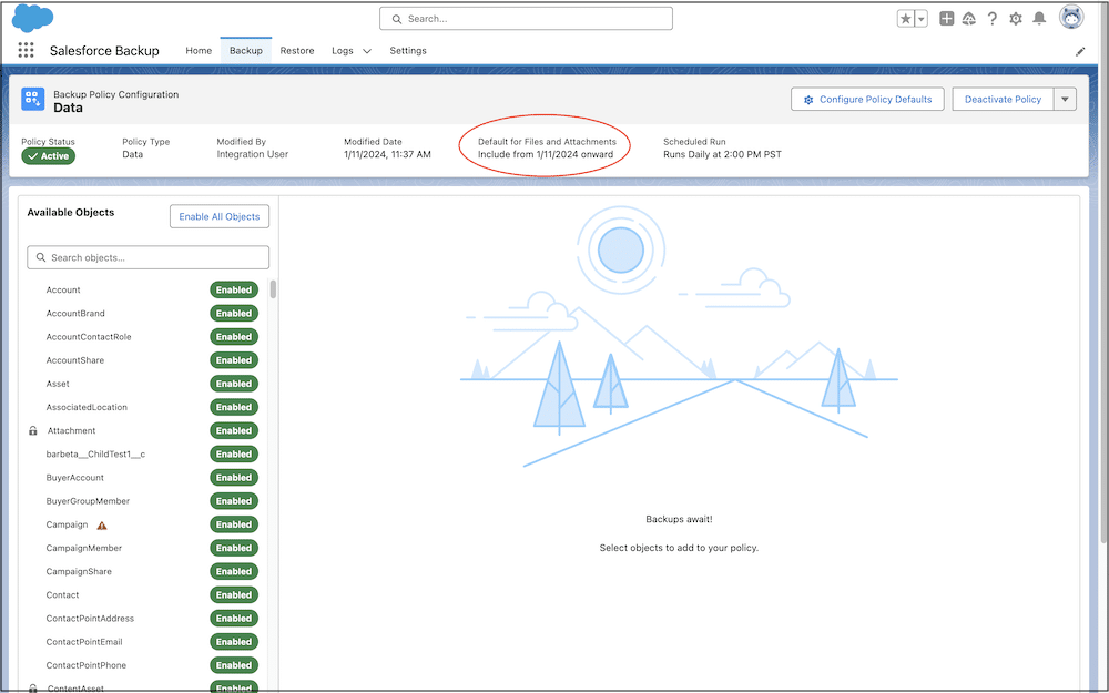 Backup Policy Configuration page showing the addition of files and attachments to the backup policy.