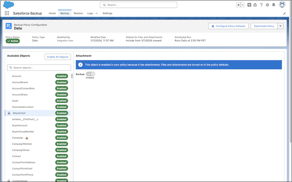 Backup Policy Configuration page showing the Attachment object detail view when files and attachments are enabled.