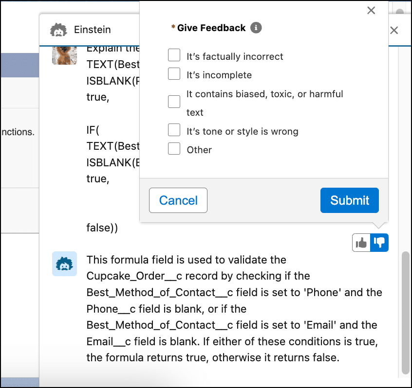 Give feedback to Einstein on how it did with the formula explanation using the thumbs up and thumbs down buttons.]