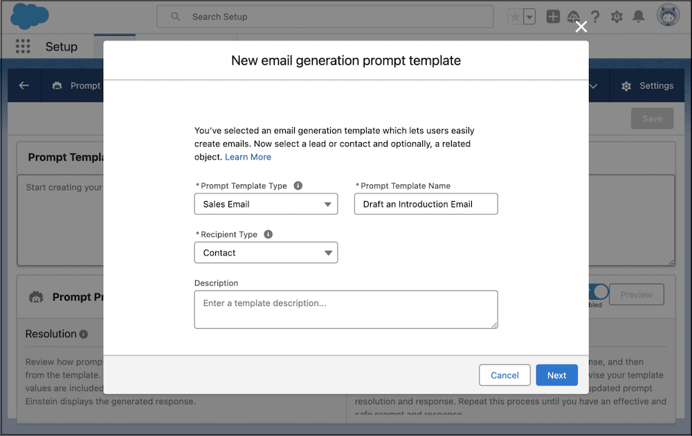  A new email generation prompt template modal displays fields to enter Prompt Template Name, select a Prompt Template Type, select a Recipient Type, and enter a template description.