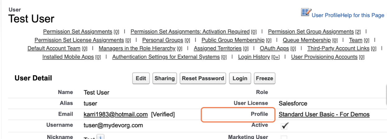 Test User setup, emphasizing the assigned Profile.