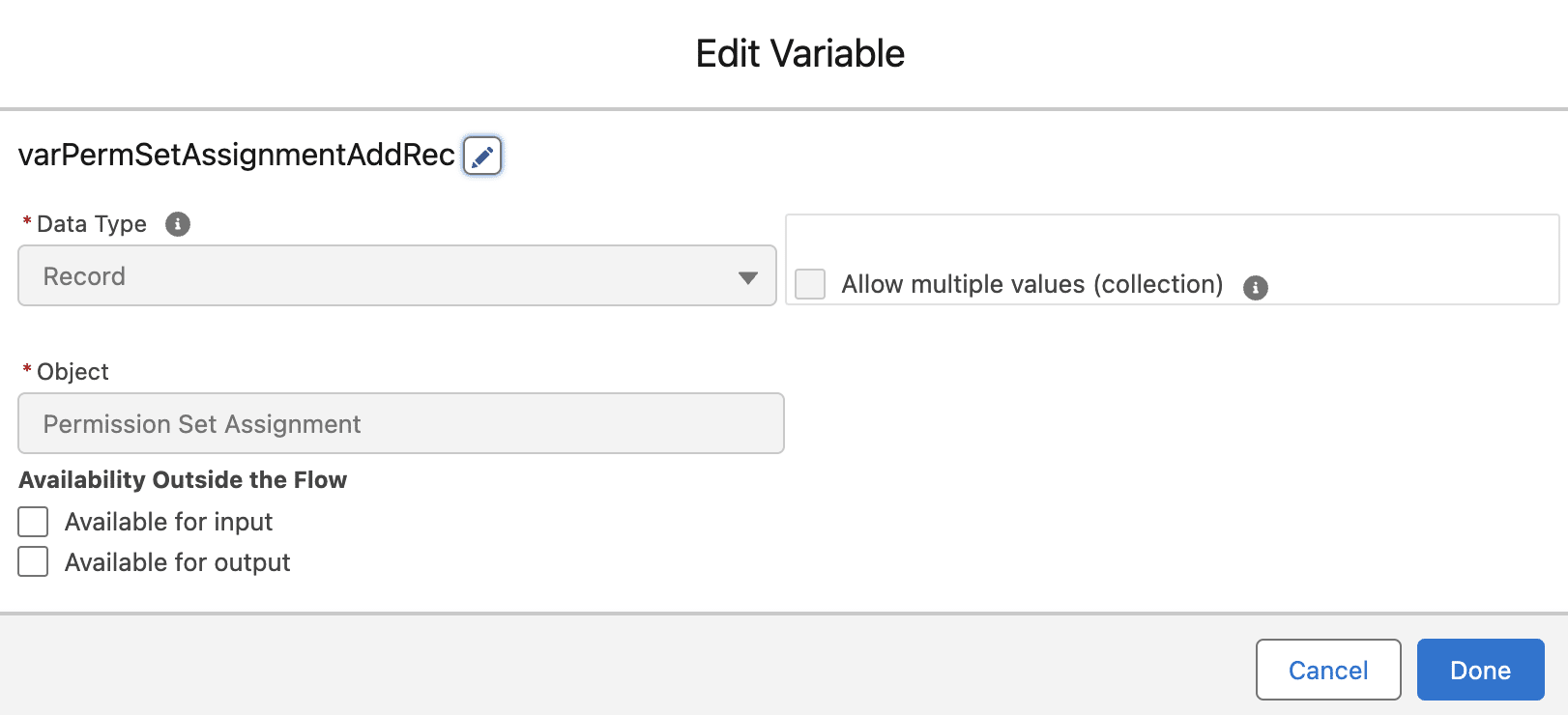 Record variable setup; record variable comes from the Permission Set Assignment object and is named ‘varPermSetAssignmentAddRec’.