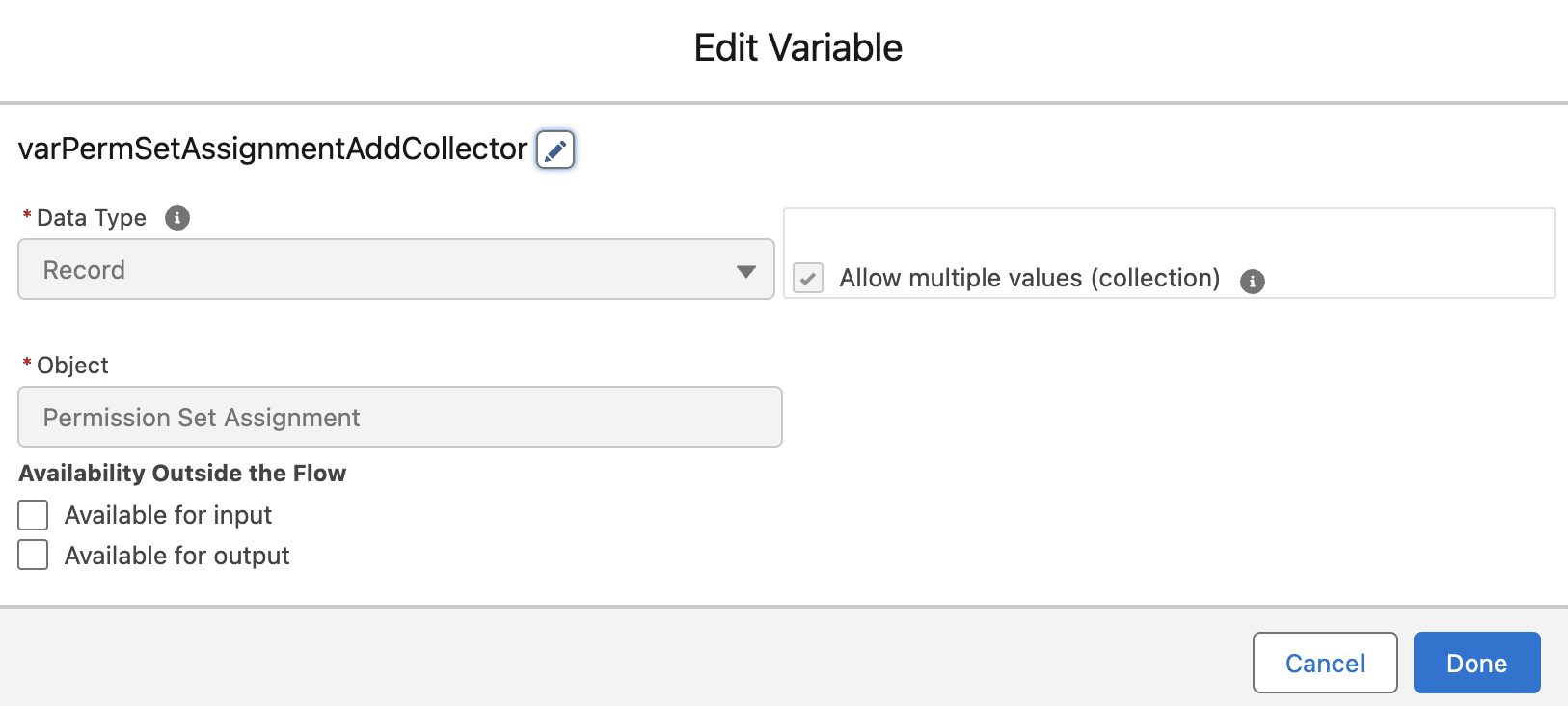 Record collection variable with the ‘Allow multiple values’ box checked. This variable is from the Permission Set Assignment object and is labeled ‘varPermSetAssignmentAddCollector’.