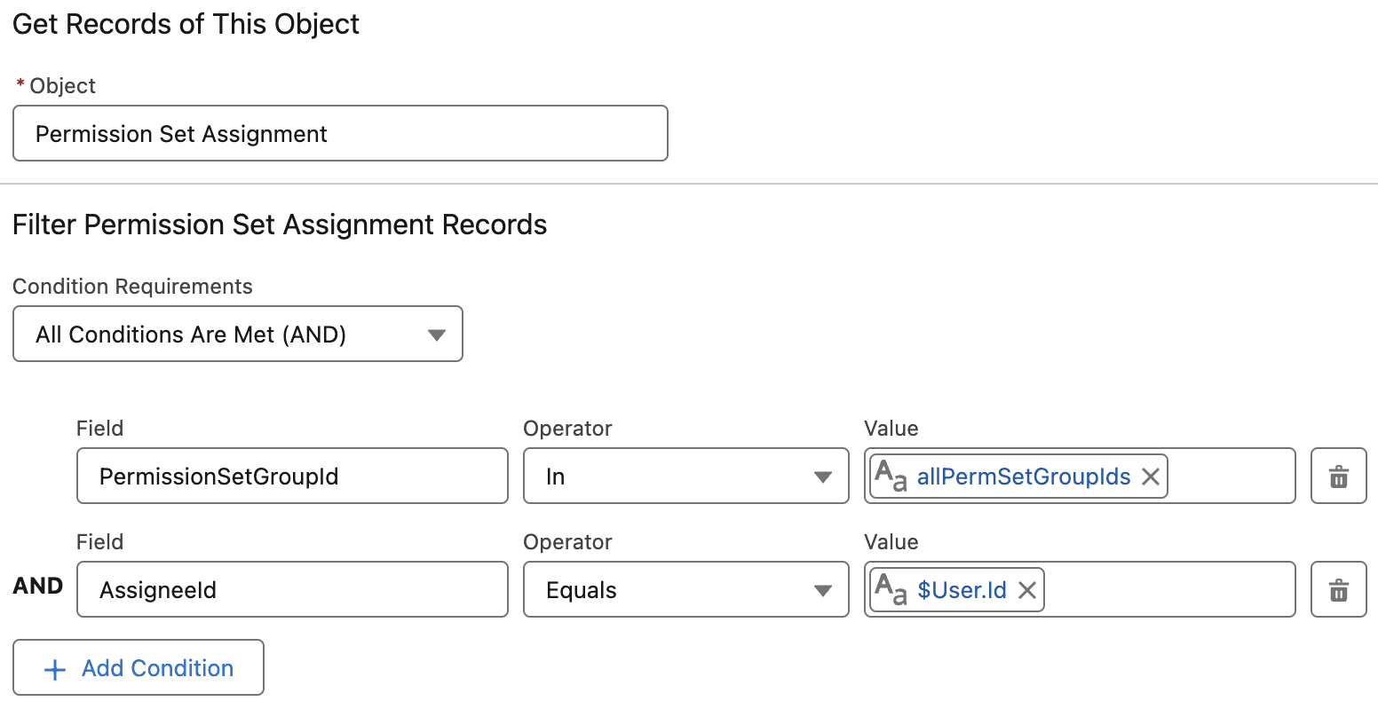 First of two images; Get Permission Sets Assignment element.