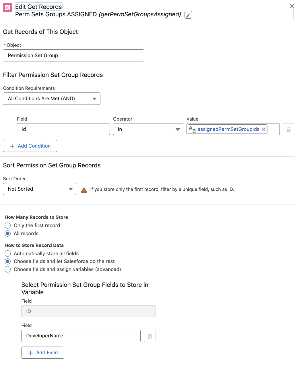 Get Records element that gets Permission Set Groups that are in the assignedPermSetGroupIds collection.