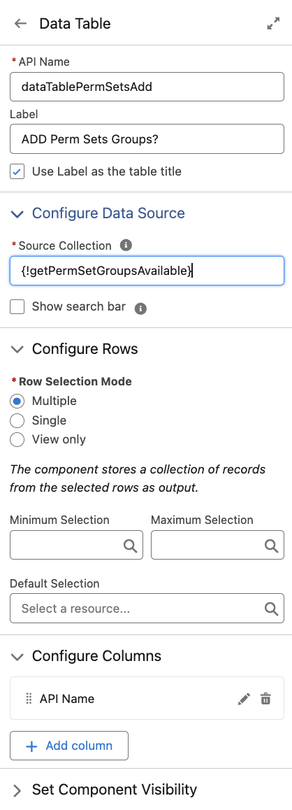 The setup for the dataTablePermSetsAdd variable.