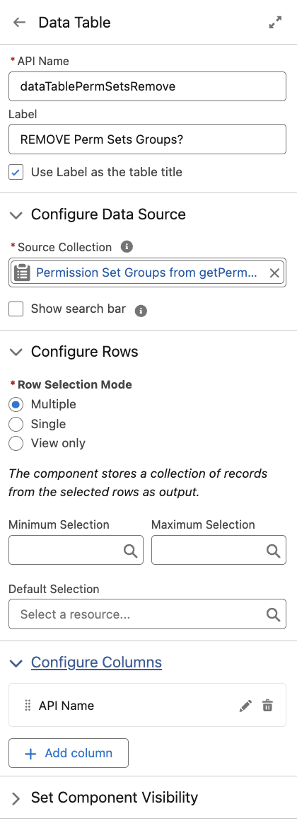 The setup for the dataTablePermSetsRemove variable.