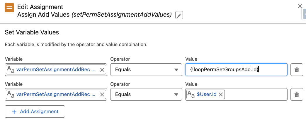 Assign Add Values (setPermSetAssignmemtAddValues) Assignment element.