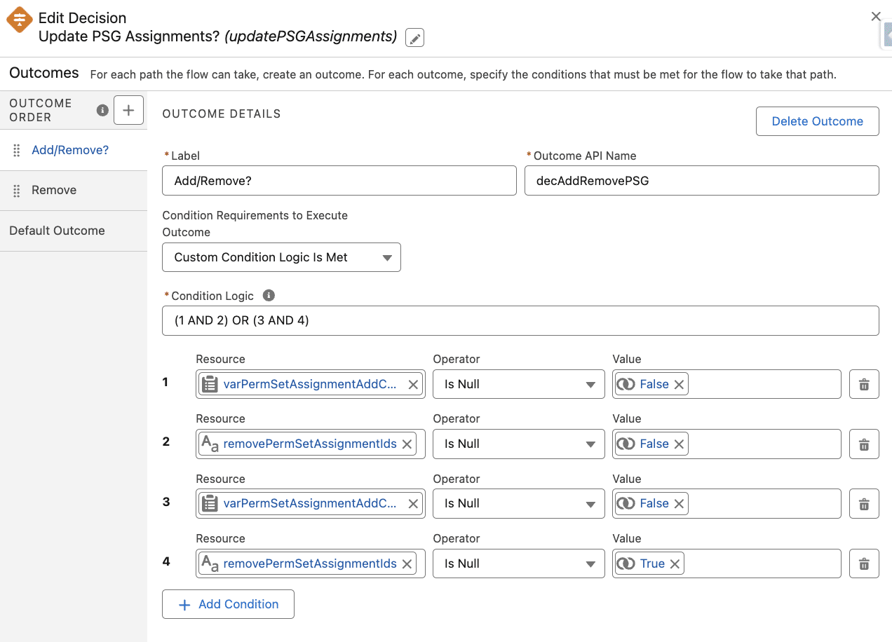 Decision element; depending on the different permission set assignment variables, the paths are Add/Remove, Remove, and Default Outcome. The one showing is Add/Remove.