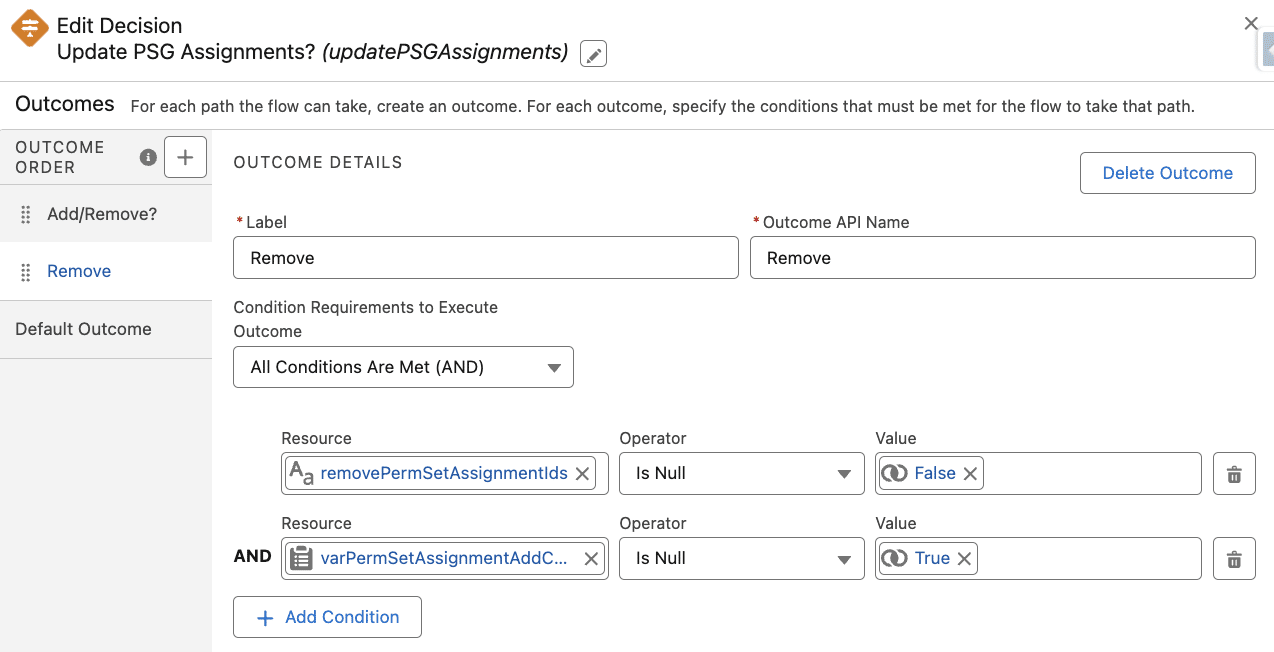 Decision element; depending on the different permission set assignment variables, the paths are Add/Remove, Remove, and Default Outcome. The one showing is Remove.