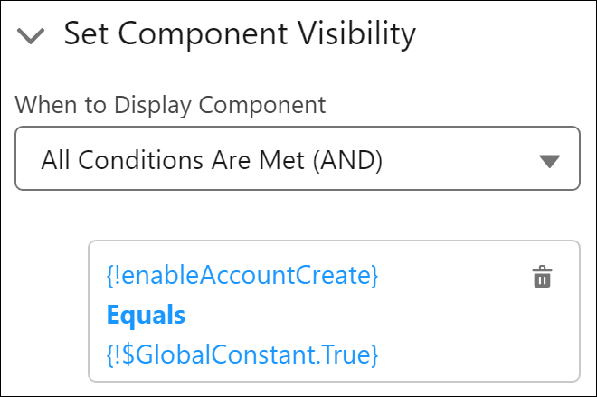 The component visibility set up to display elements based on whether a checkbox is selected to enable the necessary account creation functionality.