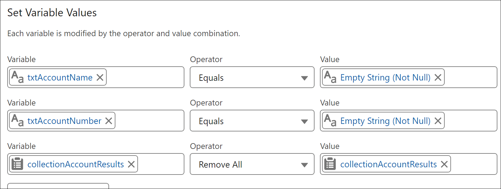 The Back to Beginning values being set in the Assignment element.