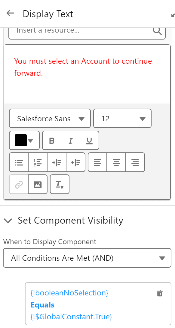 The Display Text component contains an error message and the conditional visibility rules to display it.