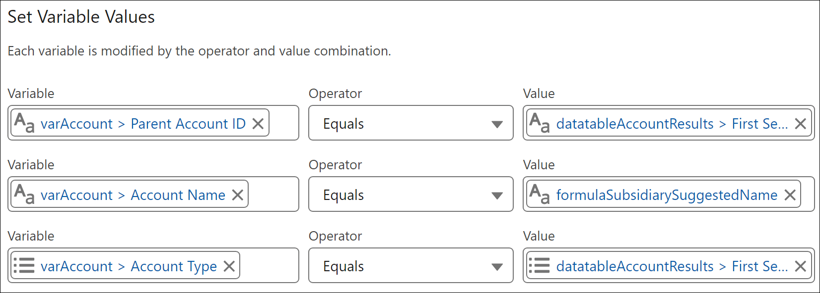 Displays the default value assignment for accounts that are to be created as subsidiaries.]