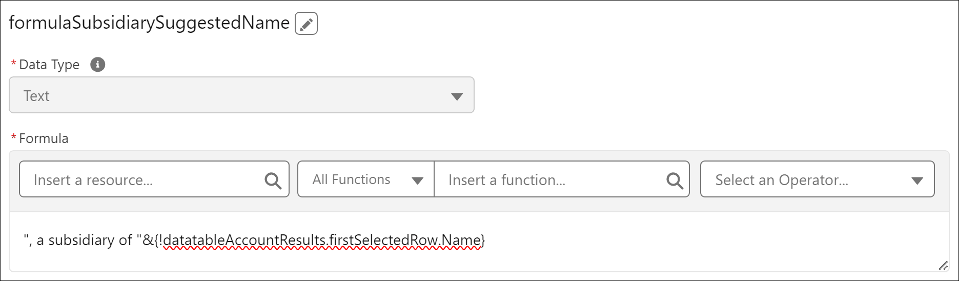 Formula expression to suggest a name to the subsidiary account to be created.