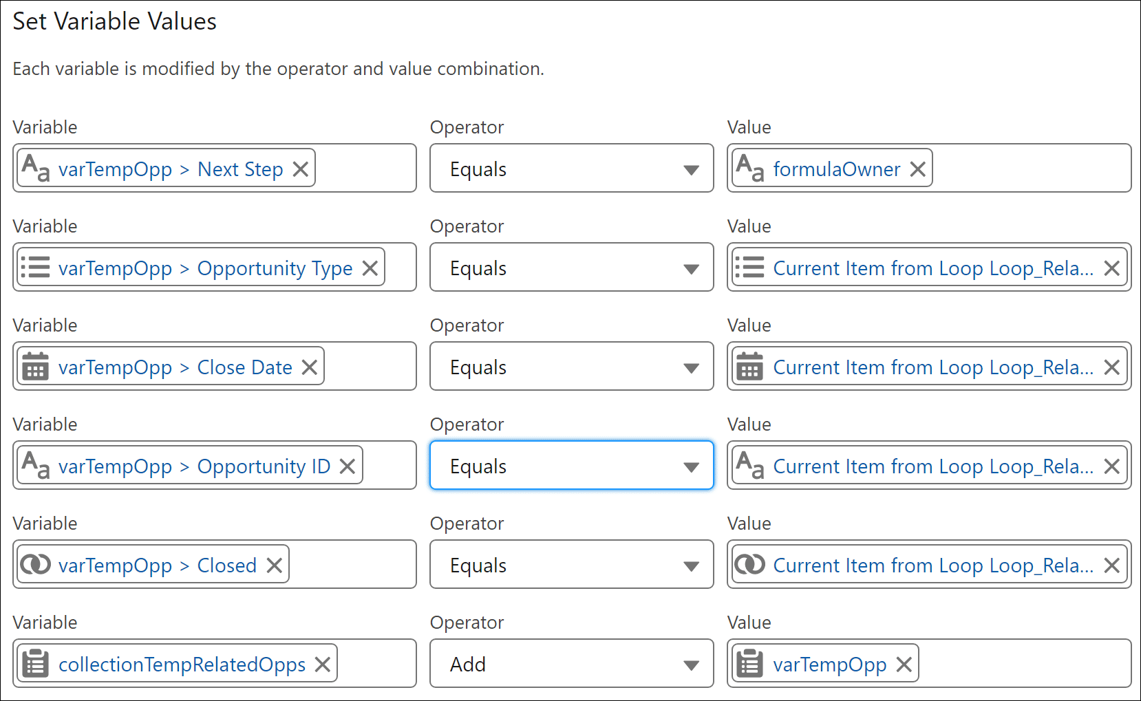 Displaying the assigned values into a temporary Opportunity record variable.