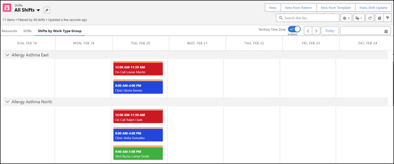 Shifts shown by Work Type Group in Schedule List Display.