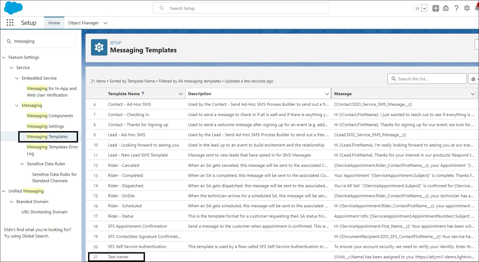 Messaging Templates page in Setup.