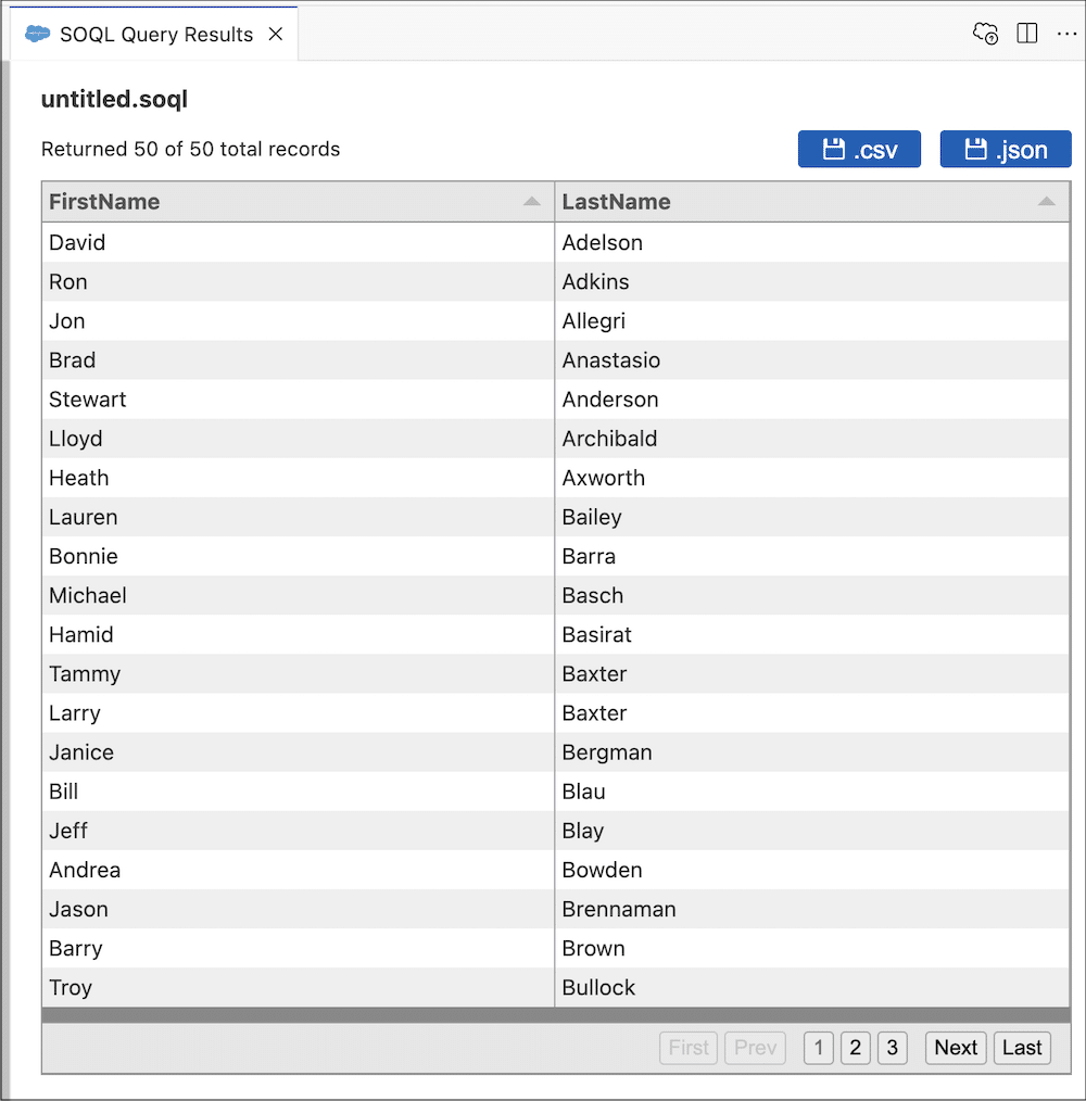 Output from the SOQL query showing FirstNam,e LastName.