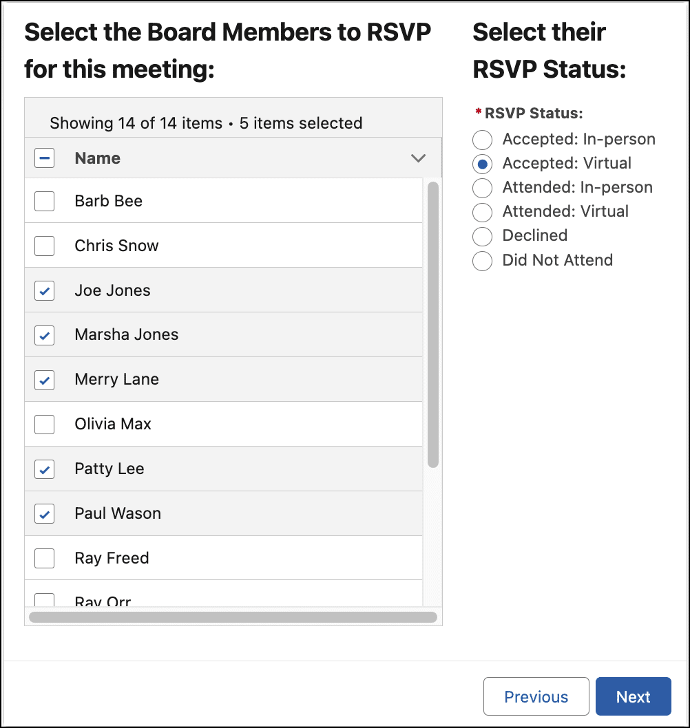 Data table where the user selects contacts.