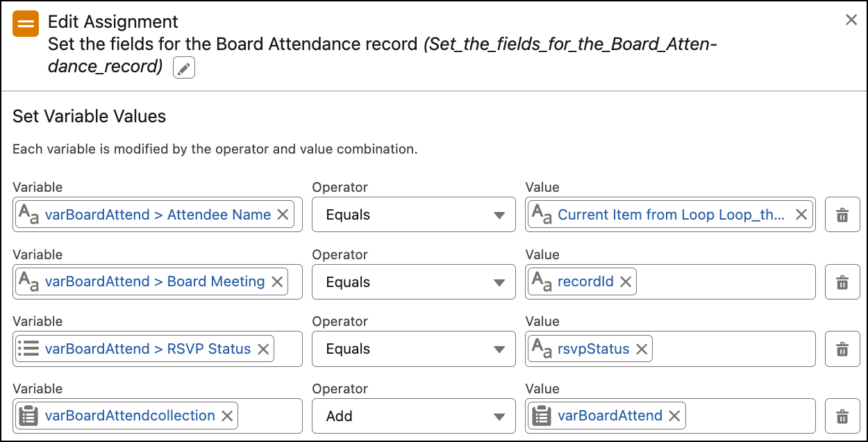 Set fields to assign to the Board Attendance related records.