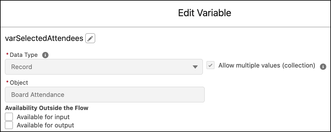Record collection variable varSelectedAttendees.