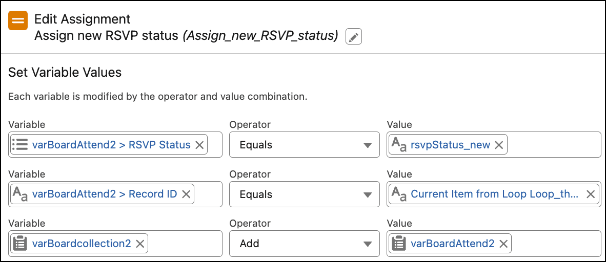 Set fields to assign to the Board Attendance records with an Assignment element.