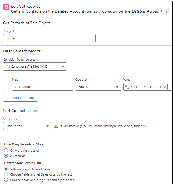 We used a Get Records element to get all the contacts associated with the account record that triggered the flow.