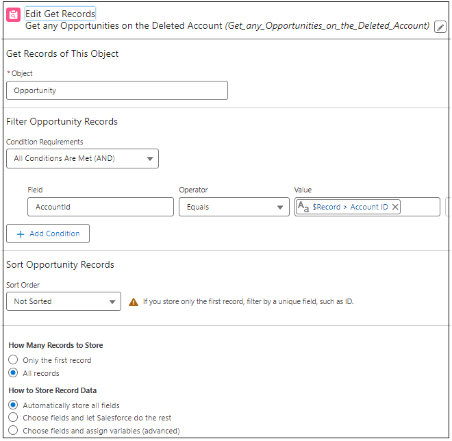 We use a Get Records element to get any opportunities associated with the account that triggered the flow.