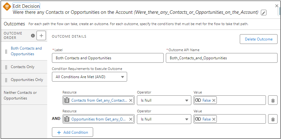 We use a Decision element to determine if there are any contacts or opportunities on the account.