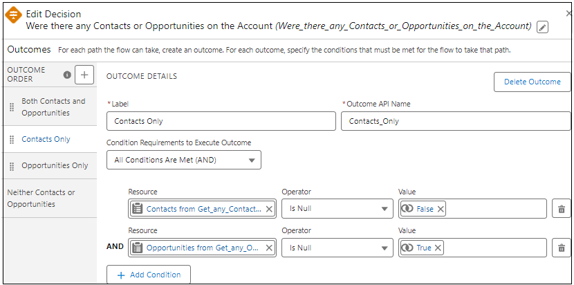 The Decision checks for there being contacts, but no opportunities, on the account.