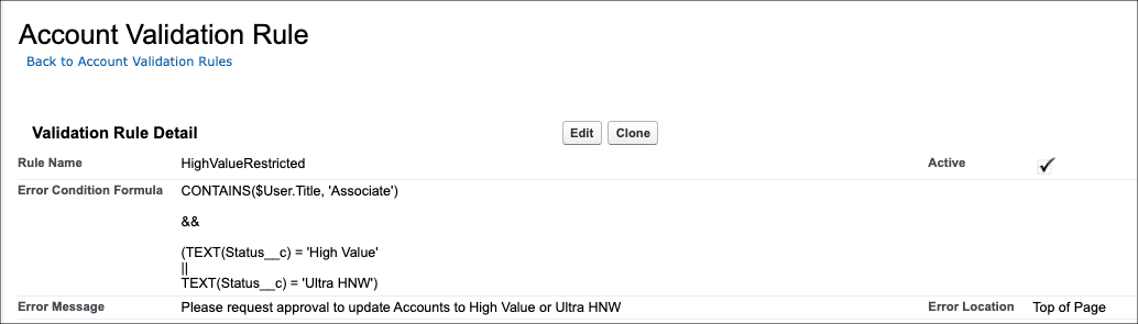 Validation rule that prevents updates to the Status field for users with ‘Associate’ in their title.