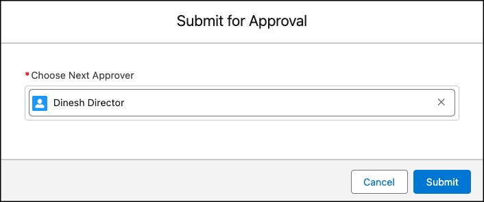 Out-of-the-box Submit for Approval second screen with a lookup field to choose next approver.