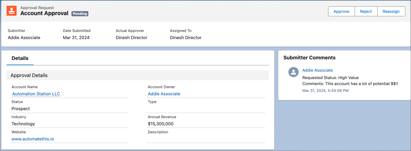 Approval Request page with fields on the left and comments on the right.