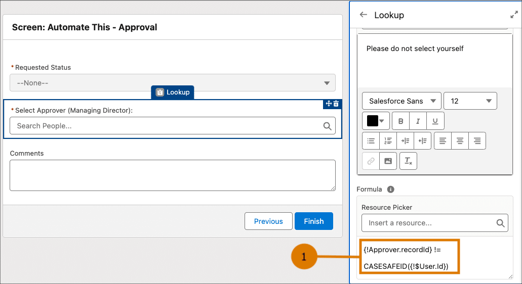 Screen flow with validation formula on lookup field highlighted.