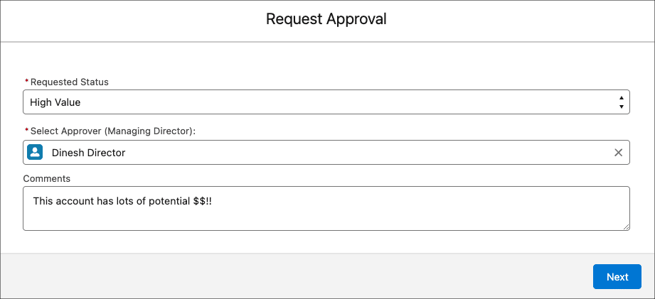 End-user view of screen flow with input fields for Requested Status, Select Approver, and Comments.