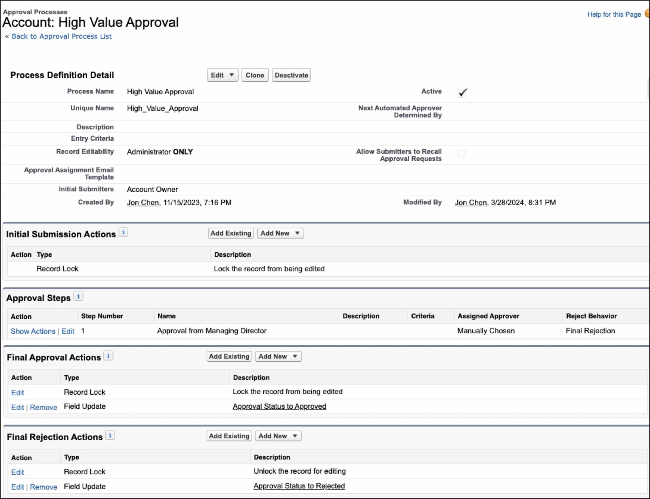 Approval Process page configured with one approval step and two field updates.