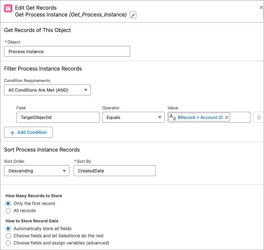 Flow Get Records element on ProcessInstance object with TargetObjectId equal to Record ID sorted by descending CreatedDate.