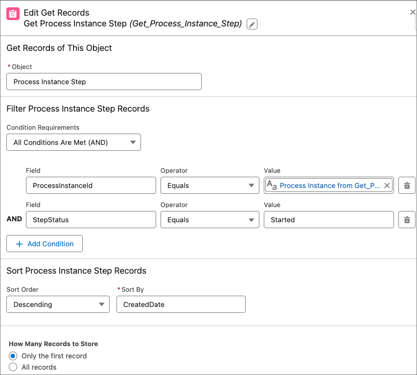 Flow Get Records element on ProcessInstanceStep object with ProcessInstanceId equal to previous Get Records variable, and StepStatus equal to Started and sorted by descending CreatedDate.