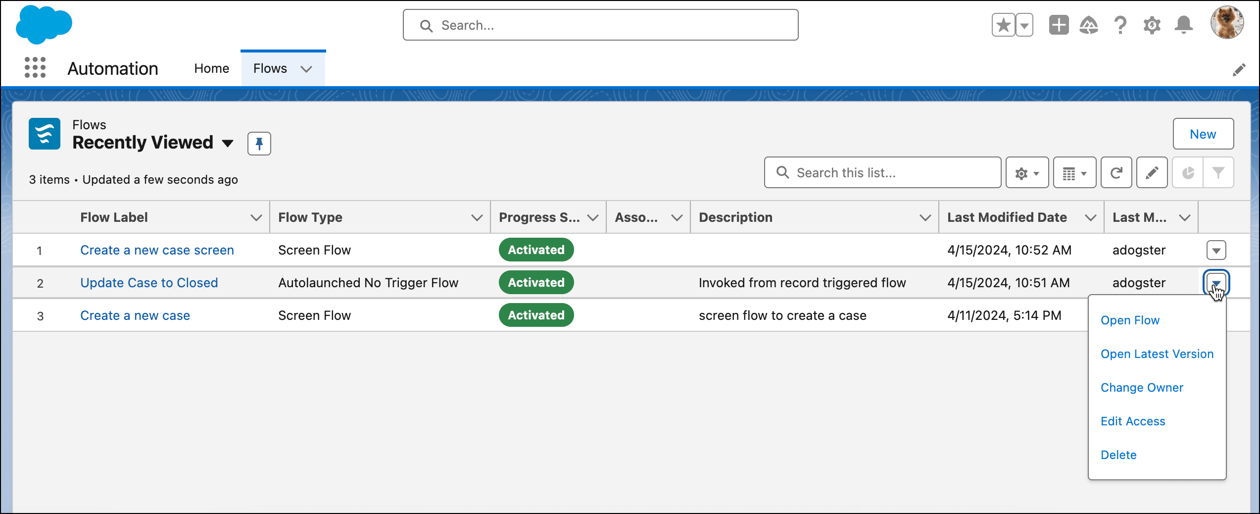 Flows tab in the Automation app with the dropdown menu for each flow to open the flow in Flow Builder, open the latest version of the flow, change the flow owner, edit access permissions, or delete the flow.