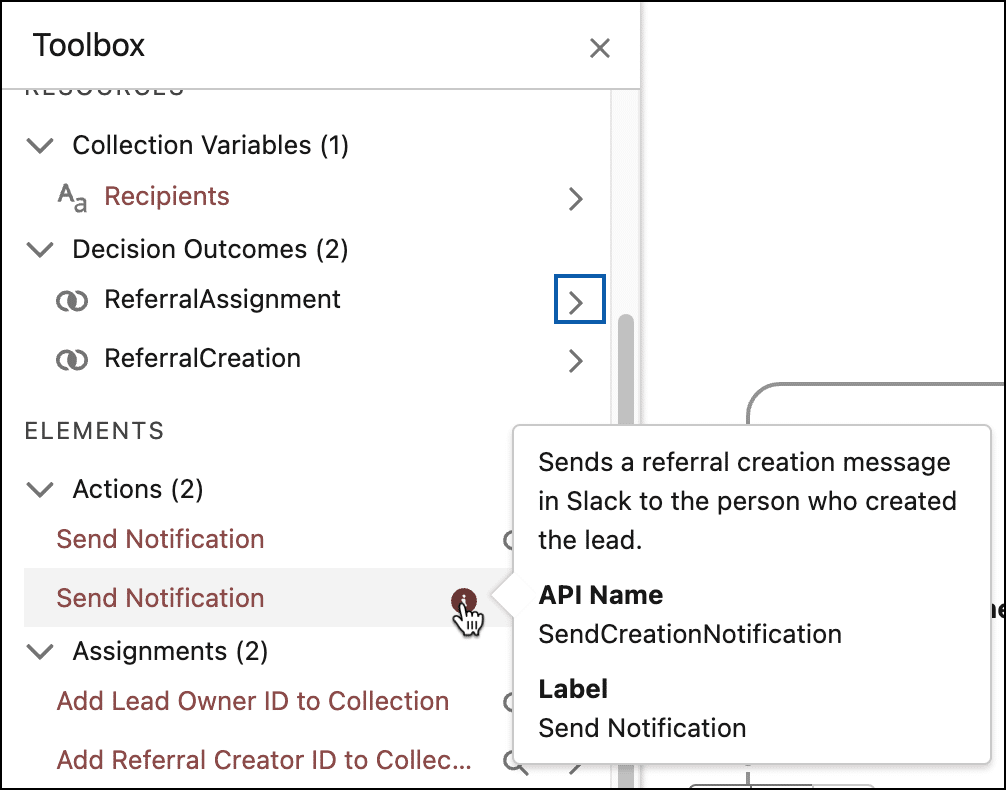 Flow Builder Toolbox with the label and API name shown in the hover tooltip, and element is shown by its label.