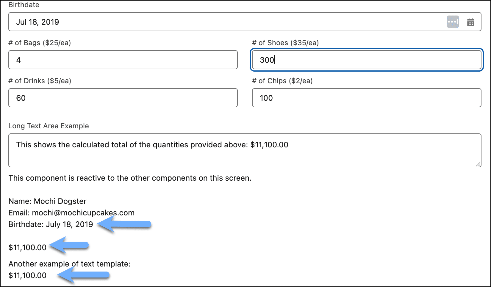 The reactive Display Text component is correctly showing the date, decimal and currency data in a screen flow.