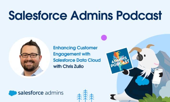 Salesforce Admins Podcast cover with Chris Zullo discussing enhancing customer engagement with Salesforce Data Cloud. Cartoon goat holding a podcast sign.