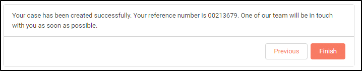 Screen letting the customer know they successfully created the case.