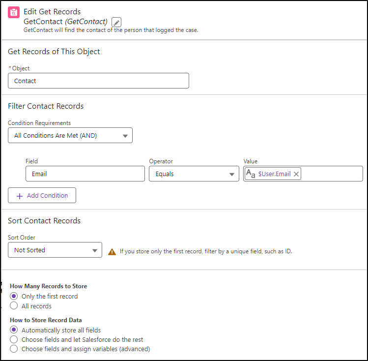 Get Records element to retrieve the contact’s information.